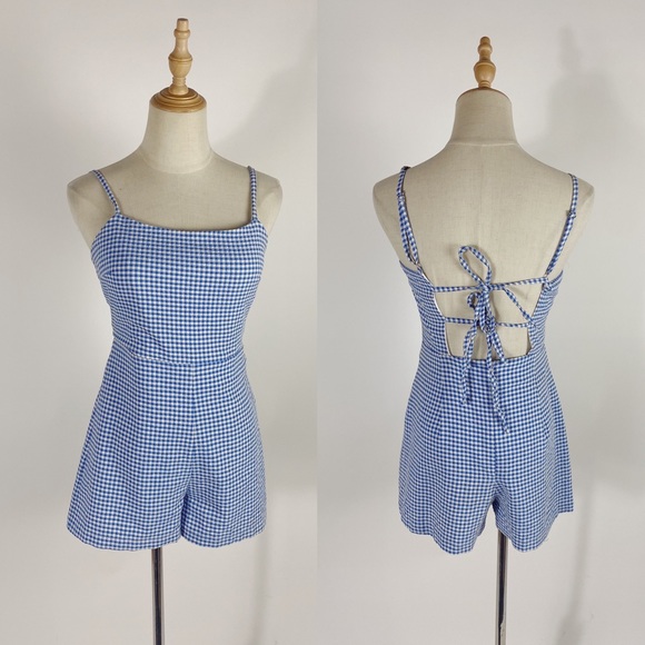 Urban Outfitters Pants - URBAN OUTFITTERS Gingham Open Back Mini Romper Blue White Womens Small